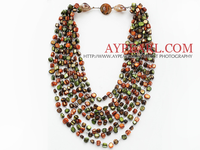 Multi Strands Green and Orange Color Shell Knotted Necklace with Shell Clasp