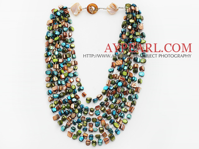 Multi Strands Peacock Green and Brown and Green Color Shell Knotted Necklace with Shell Clasp