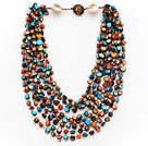 Multi Strands Peacock Green and Brown Color Shell Knotted Necklace with Shell Clasp