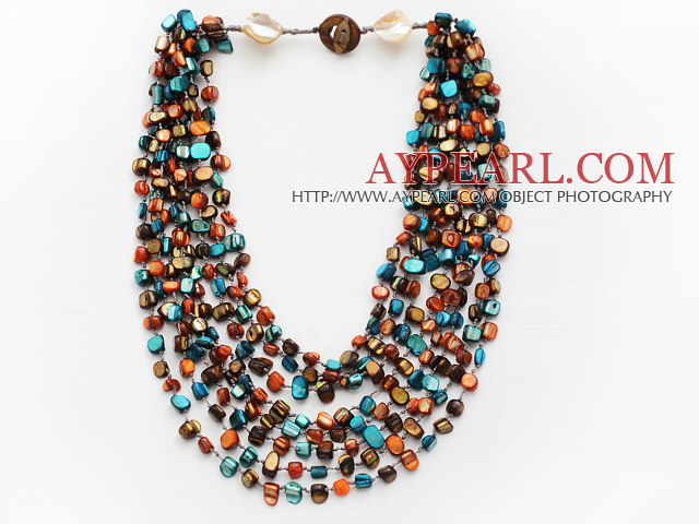 Multi Strands Peacock Green and Brown Color Shell Knotted Necklace with Shell Clasp