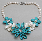 Wholesale White Freshwater Pearl Shell and Turquoise Flower Necklace