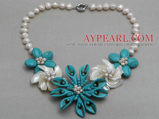 Hvit Freshwater Pearl Shell og turkis blomst halskjede