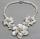 White Freshwater Pearl Shell and White Trochus Shell Flower Necklace