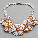 Wholesale White Freshwater Pearl and White Shell and Brown Color Glass Beads Flower Necklace