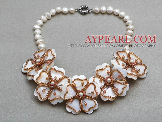 White Freshwater Pearl and White Shell and Brown Color Glass Beads Flower Necklace