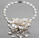 White Series White Freshwater Pearl and Teardrop Shape White Shell Flower Necklace