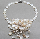 Wholesale White Series White Freshwater Pearl and Teardrop Shape White Shell Flower Necklace