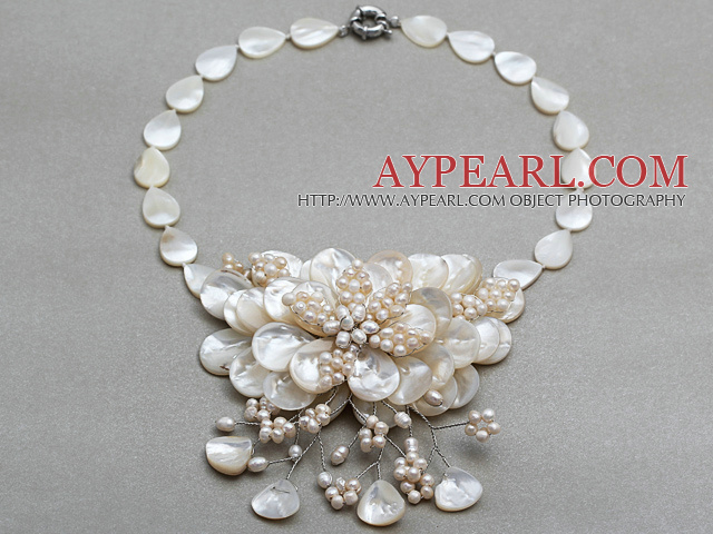 White Series White Freshwater Pearl and Teardrop Shape White Shell Flower Necklace