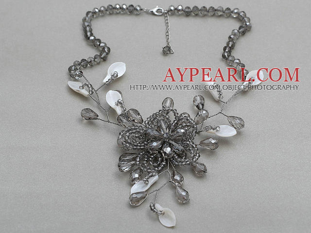 Gray Series Gray Color Crystal and White Shell Flower Necklace with Extendable Chain
