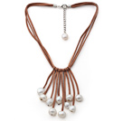 Potato Shape White Color Fan Shape Pearl Leather Necklace with Brown Leather