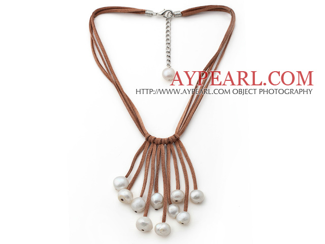 Potato Shape White Color Fan Shape Pearl Leather Necklace with Brown Leather