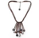 Potato Shape Gray and Black and Brown Color Fan Shape Pearl Leather Necklace with Brown Leather
