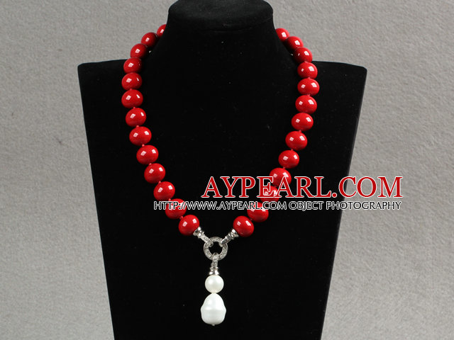 Elegent Style Potato Shape Red Seashell Beaded Knotted Necklace with Red Seashell Pendant