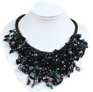 Marvelous Statement Black Series Natural Freshwater Pearl Crystal Hand-Knitted Bib Necklace