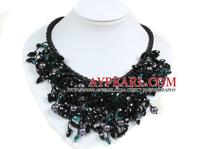 Marvelous Statement Black Series Natural Freshwater Pearl Crystal Hand-Knitted Bib Necklace