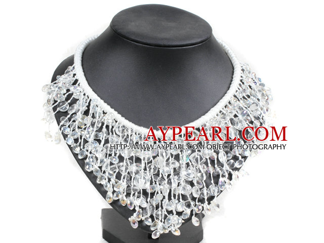 Marvelous Statement Clear Crystal Chips Hand-Knitted Bib Necklace