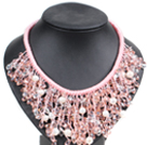 Marvelous Statement Pink Series Natural Freshwater Pearl Crystal Hand-Knitted Bib Necklace