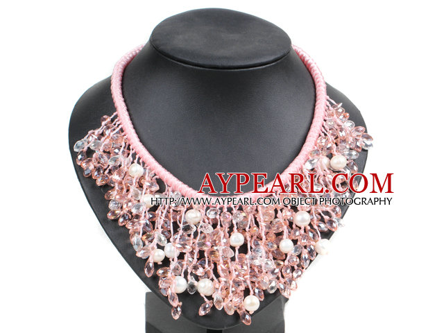Uttalande Series Marvelous Naturliga sötvatten Pink Pearl Crystal hemstickade Bib Necklace
