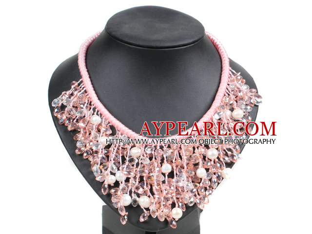 Uttalelse Series Marvelous naturlig ferskvann Pink Pearl Crystal Hånd Strikket Bib Halskjede