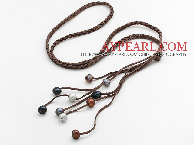 Long Style Potato Shape Multi Color Pearl Leather Necklace with Woven Brown Leather