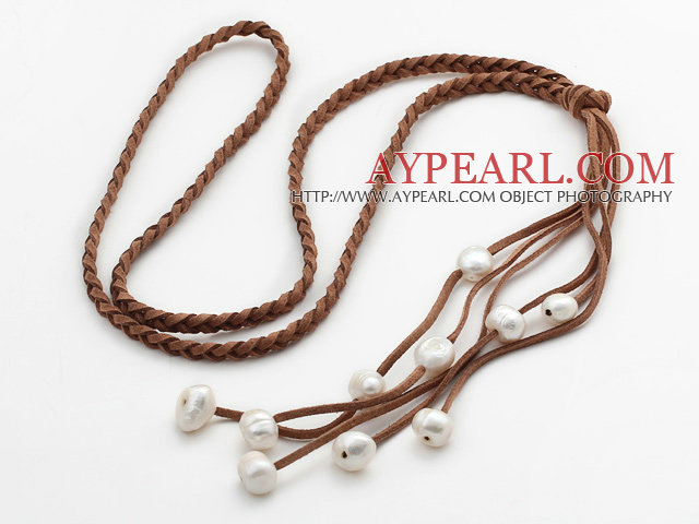 Lång Style Potato Shape White Pearl Läder Halsband med Woven Brun Läder