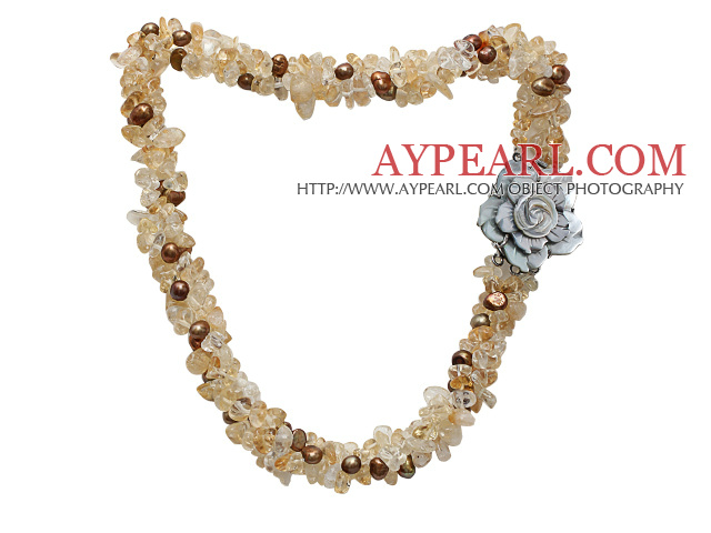 fashion multi strand citrine chips and brown freshwater pearl necklace with flower clasp
