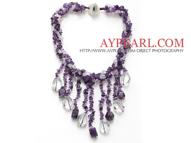 beautiful multi twisted strand amethyst chips and white crystal dangling pendant necklace