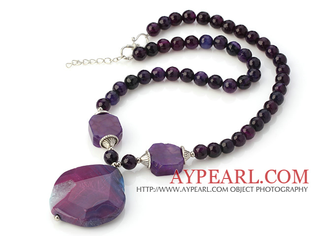 Nice Faceted Round Purple Agate Beaded Strand And Big Crystallized Agate Pendant Adjustable Necklace