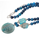 Nice Faceted Round Blue Agate Beaded Strand And Big Agate Flower Pendant Adjustable Necklace
