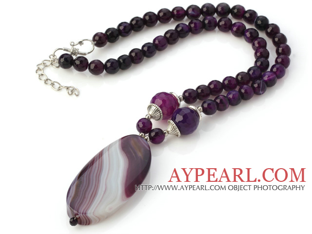 Nice Faceted Round Purple Agate Beaded Strand And Big Oval Pendant Adjustable Necklace
