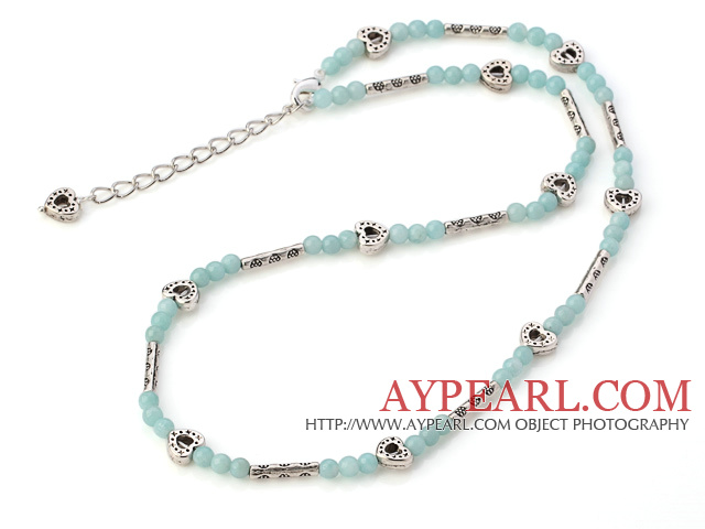 Fashion Round Amazon Stone Beaded Necklace With Tibet Silver Tube Heart Charm And Extendable Chain