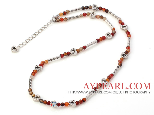 Fashion 4mm Fasettert Round Multi Color Agate Beaded Halskjede med Tibet Silver Tube hjerte sjarm og Uttrekkbar Chain