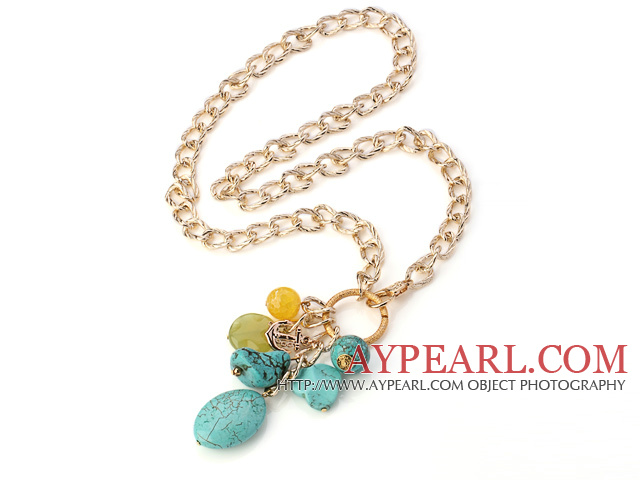 Fashion Chain Loop Style Multi Blue Turquoise Agate och Serpentine Jade hängande halsband