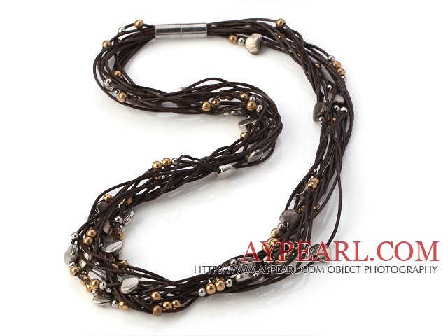 Classic Multi Strands Hand-Knotted Silver Metal Heart And Golden Beads Brown Leather Necklace With Magnetic Clasp