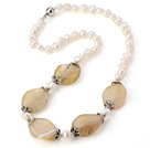 Fashion Natural 6 - 7mm hvit ferskvannsperle og uregelmessig Agate Necklace