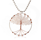 Pretty Wired Crochet Rose Quartz Chips Life Tree Pendant Necklace With Silver Beads Strand