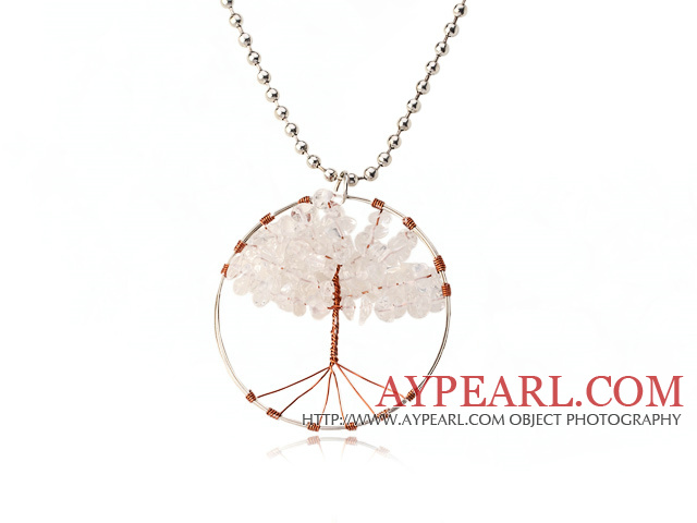 Ganska Wired Virka Rose Quartz Chips Livet Tree Pendant Halsband med Silver Pärlor Strand