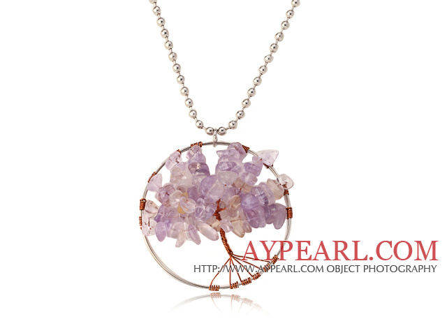 Pretty Wired Crochet Amethyst Chips Life Tree Pendant Necklace With Silver Beads Strand