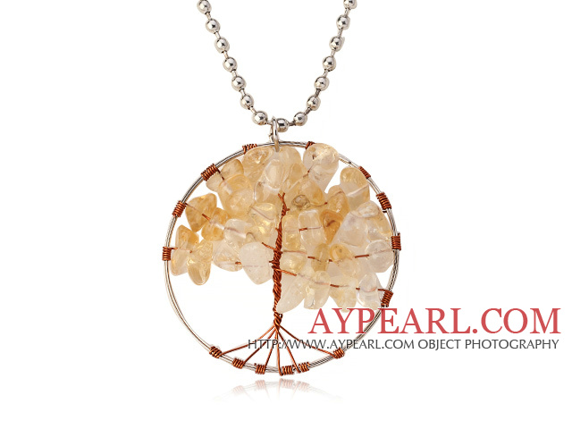 Pretty Wired Crochet Citrine Chips Life Tree Pendant Necklace With Silver Beads Strand