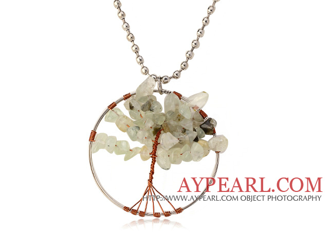 Pretty Wired Crochet Prehnite Chips Life Tree Pendant Necklace With Silver Beads Strand