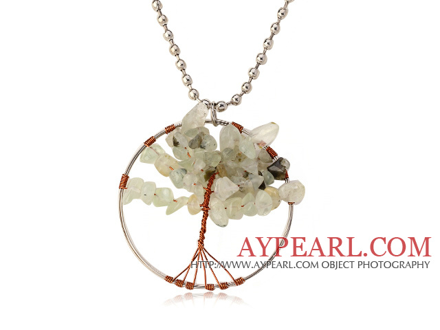 Ganska Wired Virka Prehnite Chips Livet Tree Pendant Halsband med Silver Pärlor Strand