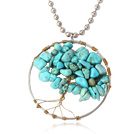 Pretty Wired Crochet Blue Turquoise Chips Life Tree Pendant Necklace With Silver Beads Strand