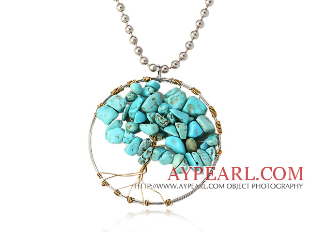 Pretty Wired Crochet Blue Turquoise Chips Life Tree Pendant Necklace With Silver Beads Strand