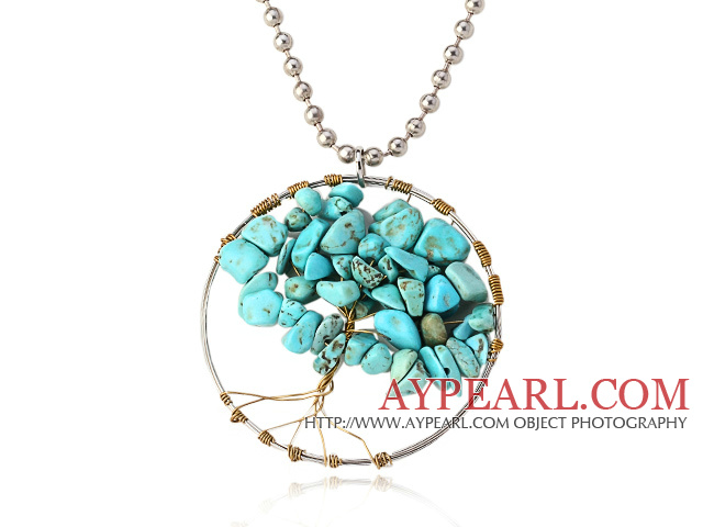 Collier avec pendentif joli câble Crochet Turquoise Chips Arbre de vie avec de l'argent perle la rive