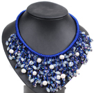 Marvelous Statement Blue Series Natural White Freshwater Pearl Jade-Like Crystal Hand-Knitted Bib Necklace