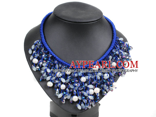 Marvelous Statement Blue Series Natural White Freshwater Pearl Jade-Like Crystal Hand-Knitted Bib Necklace