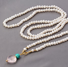 Fashion Long Style 6-7mm White Freshwater Pearl And Golden Beads Pendant Necklace