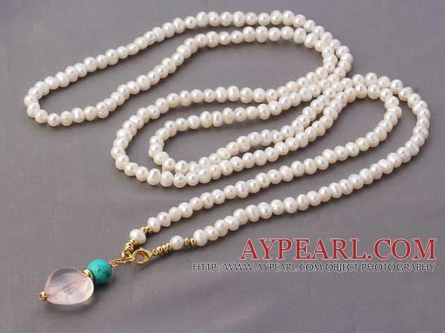 Fashion Long Style 6-7mm White Freshwater Pearl And Golden Beads Pendant Necklace