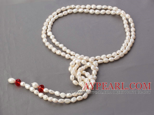 Muoti Pitkä Style 8 - 9mm valkoinen barokki helmi ja punainen kristalli Strand kaulakoru , villapaita kaulakoru