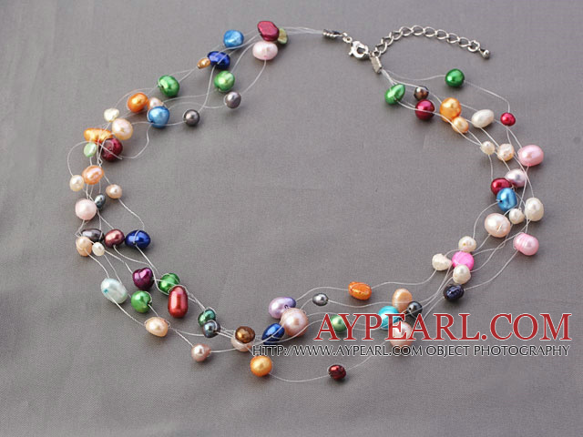 Fashion Multi Strands Threaded Colorful Freshwater Pearl Necklace With Extendable Chain